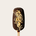 A hazelnut gelato bar coated in smooth dark chocolate, topped with crushed hazelnuts, on a plain light background. The bar is intact and looks perfectly fresh and indulgent.