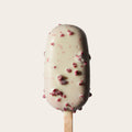 A Raspberry White Chocolate Gelato Bar on a wooden stick, featuring creamy white chocolate coating drizzled with vibrant raspberry swirls. The bar rests elegantly against a neutral background, highlighting its smooth texture and eye-catching design.